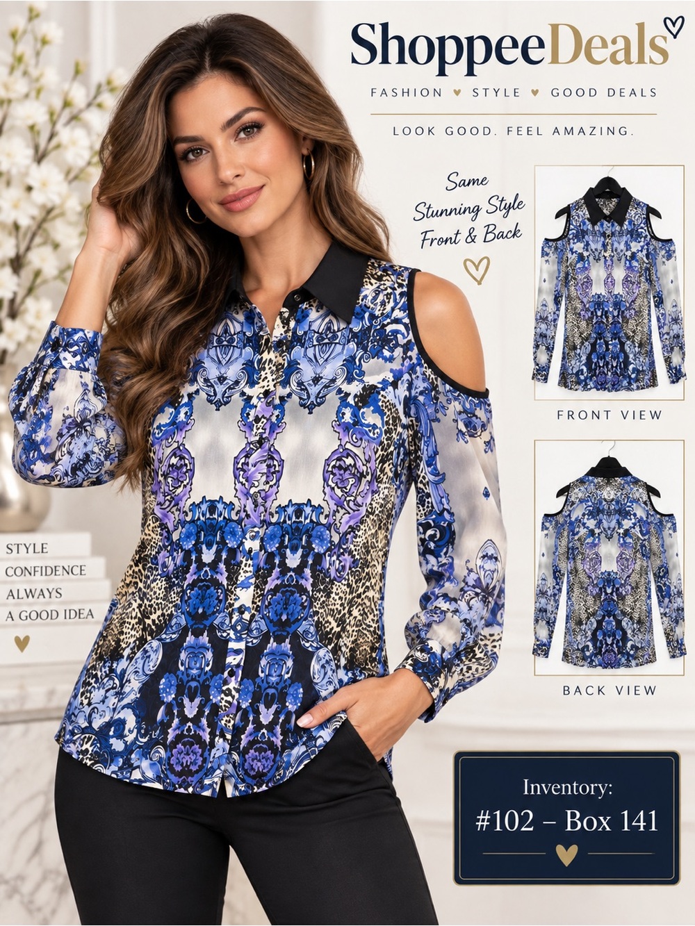 Alberto Makali Cold Shoulder Blouse L Blue Purple Baroque Animal Print